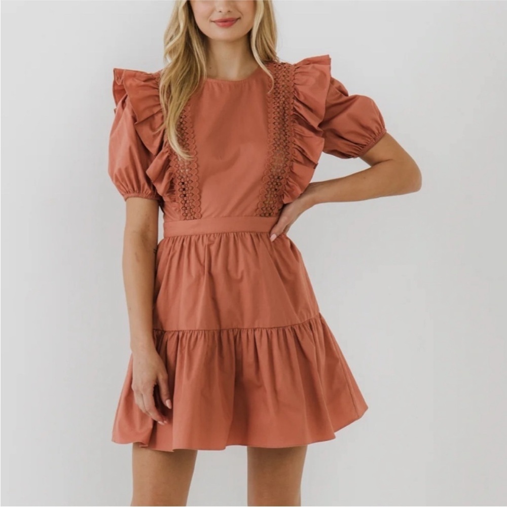English Factory Ruffled Puff Sleeve Mini Dress in Terracota